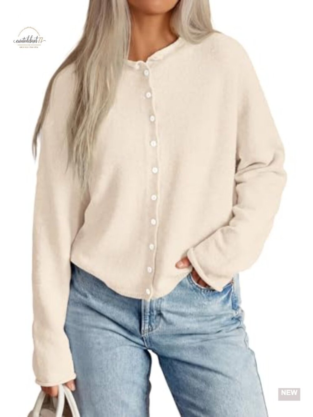 Women's Button Up Knit Cardigan Oversized Fall Sweater Crew Neck Long Sleeve